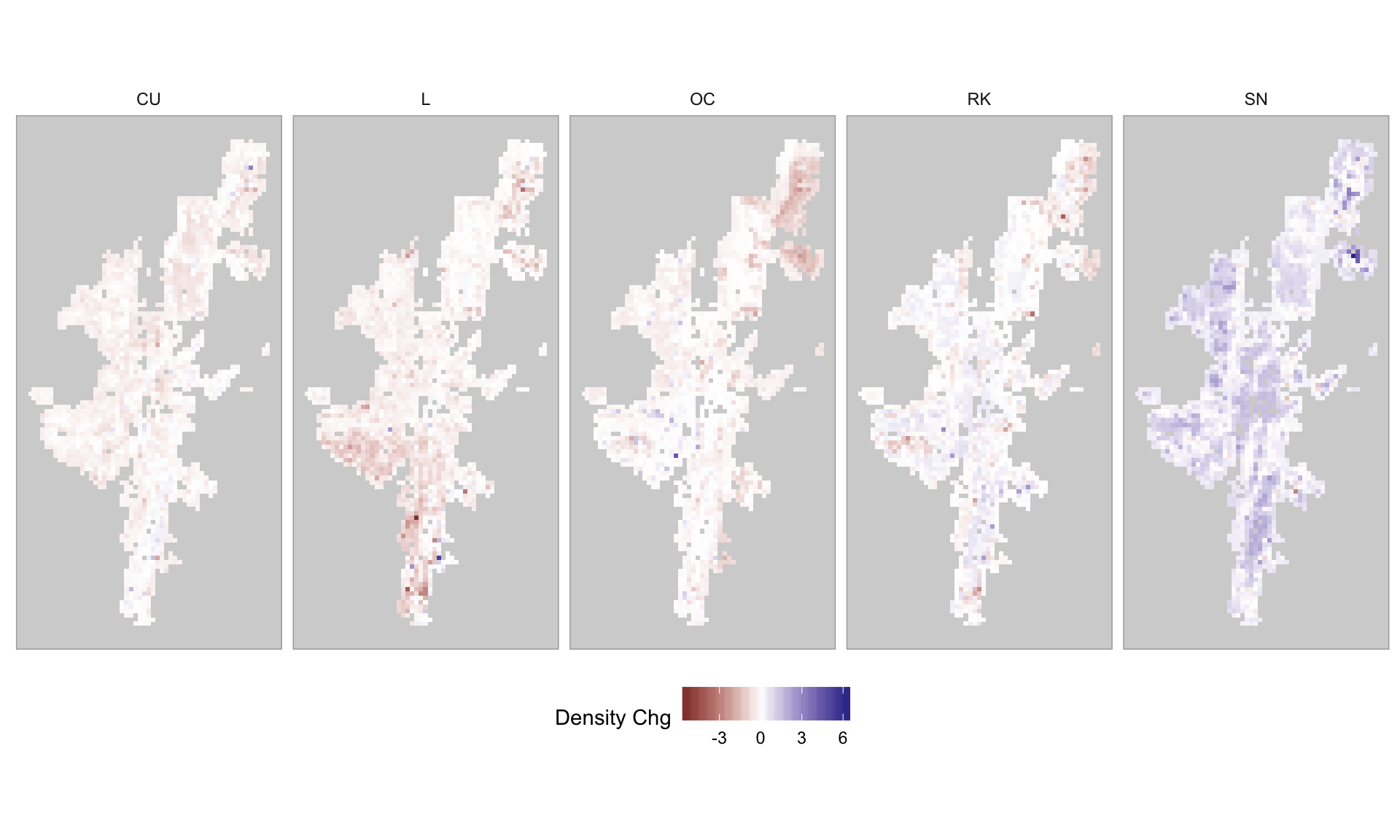 Change in breeding wader density (count/km2) between 2002 and 2019 on Shetland