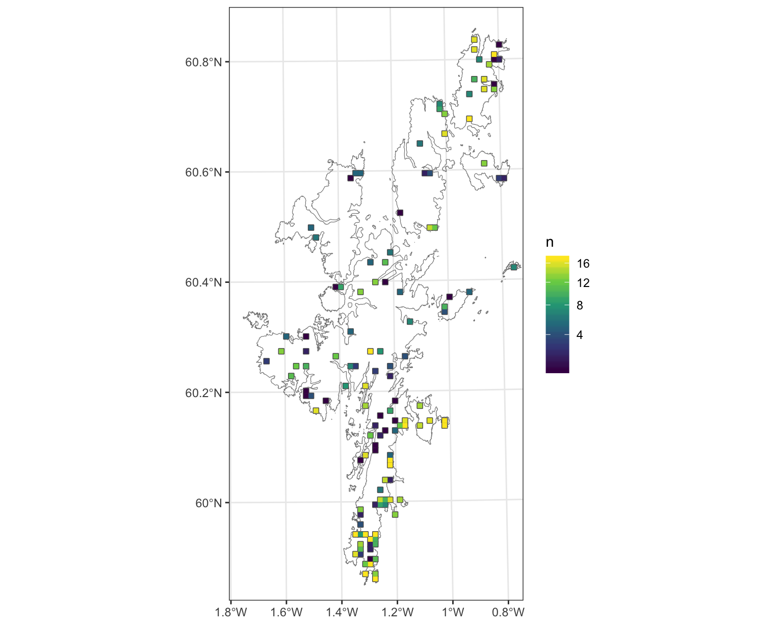 Locations and sampling effort of Shetland Breeding Bird Survey, for farmland wader species. Number of years a SBBS 1km square was survyered (n), between 2002 and 2019